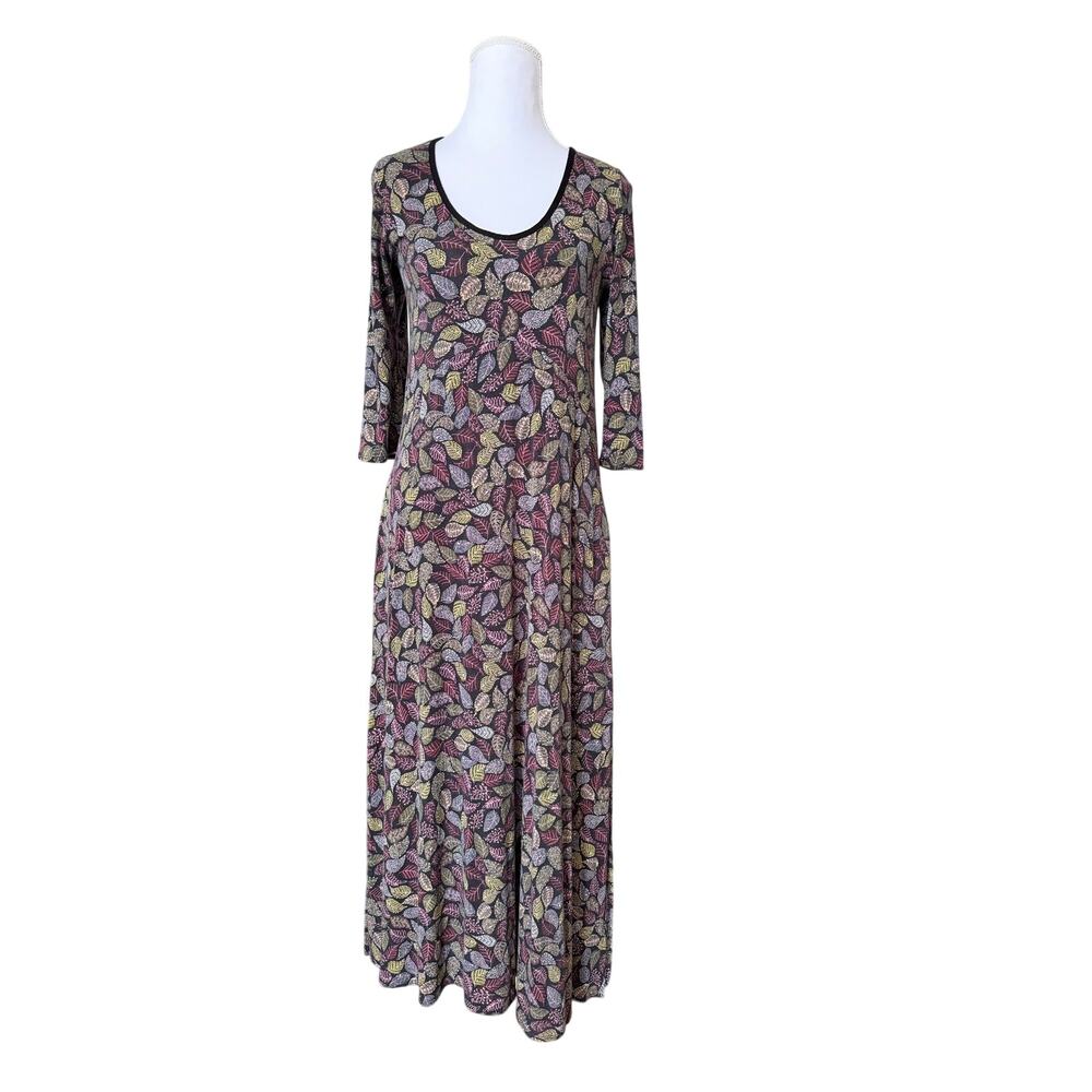 Salaam Made USA Leaf Print Maxi Dress S Black Stretch Boho Cottagecore